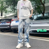 Threebooy Grunge Clothes Y2K Streetwear Hole Ripped Stacked Jeans Pants For Men Washed Blue Hip Hop Denim Trousers Ropa Hombre
